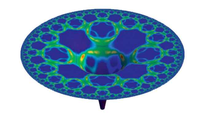 Figure 1: The Fermi surface of a strange metal projected onto the funnel in space-time associated with an event horizon near a black hole. This figure encapsulates the holographic correspondence linking theories of interacting electron systems at finite density with those of quantum gravity in a higher dimension [1].