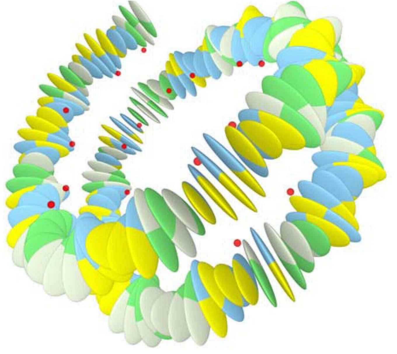 Caption main figure: The rigid base-pair model is forced, using 28 constraints (indicated by red spheres), into a lefthanded superhelical path that mimics the DNA conformation in the nucleosome. 

‘Multiplexing genetic and nucleosome positioning codes: a computational approach’, Behrouz Eslami-Mossallam, Raoul D. Schram, Marco Tompitak, John van Noort, Helmut Schiessel, PLoS One